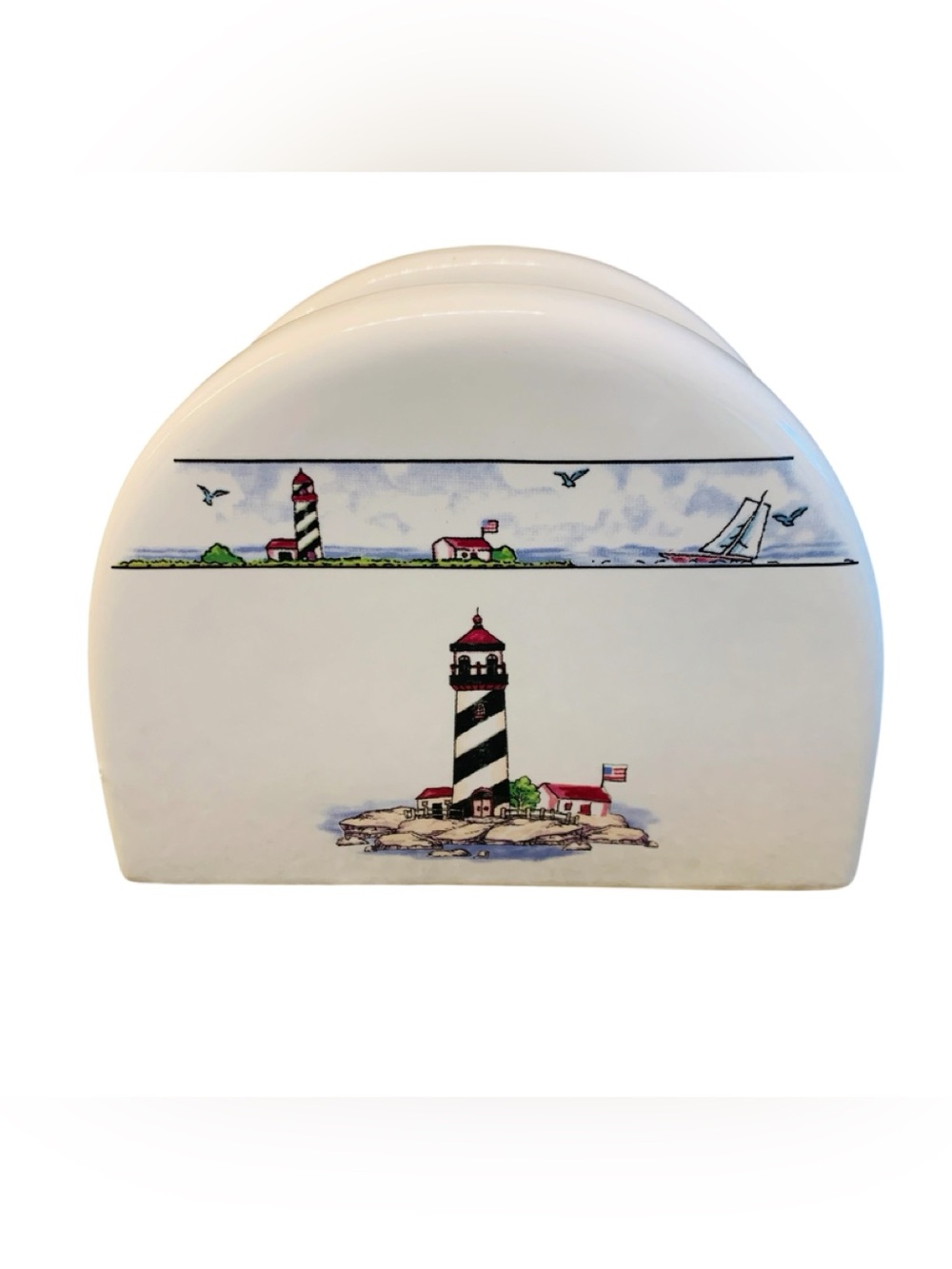 Nautical Lighthouse Ceramic Napkin Holder - White with Black & Red Accents